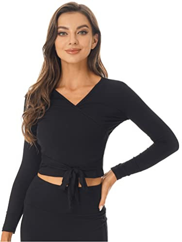 YOOJIA Cache Coeur de Danse Femme Manche Longue Haut de Ballet Latine Coton Chemise T-Shirt de Sport Yoga Ballet Top Col V Dancewear Noir S