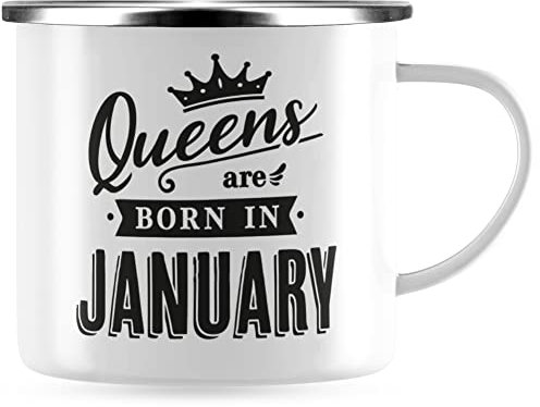 JUNIWORDS Emaille-Tasse, Queens Are born in January, Silberner Tassenrand
