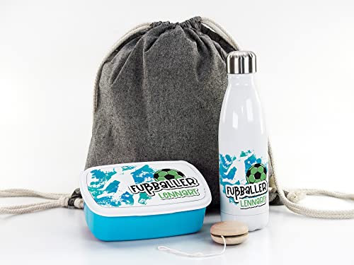 GRAZDesign Geschenkset Fußballer Junge Sport, inkl. Trinkflasche Brotdose und Zugbeutel, personalisiert Wunschname, Geschenk Box Einschulung, Geburtstag, Edelstahl 500ml