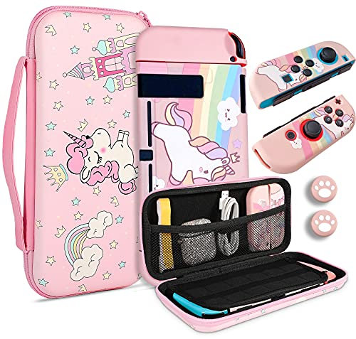 JYPS Einhorn Tragetasche Set für Nintendo Switch, Switch Schutzhülle mit Tragegriff für Konsolenzubehör, Tragbare Hartschalentasche, Reisetasche, Harte Hülle Case für Mädchen(Rosa)