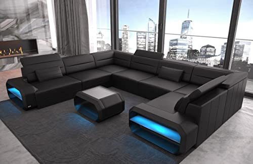 Wohnlandschaft Verona Ledersofa U Form Sofa - mit LED Beleuchtung, verstellbare Kopfstützen/Lederfarben wählbar/Ausrichtung wählbar (Lange Seite Links, Black)