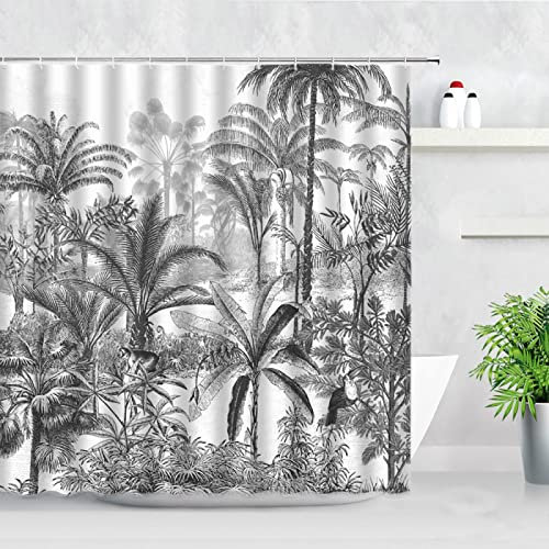 HYFBH Plantes Noir et Blanc Rideau de Douche Palmiers Feuilles Paysage Salle de Bain décor Rideaux Polyester Tissu étanche avec Crochet 80x180cm/WxL