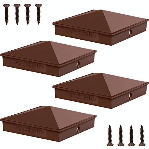 Azdele 8 x 8 Aluminum Pyramid Post Caps Cover for True 8 x 8 Wood Post or True 7.5 x 7.5 Wood Post(with Spacer Liner), with Matte Finish Powder Coated Surface, for Fence of Decks(Brown, 4Pack)