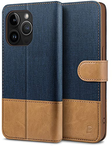 BEZ Case for iPhone 14 Pro, Phone Case Compatible with iPhone 14 Pro, Flip Wallet Cover [Canvas Faux Leather] with Credit Card Holders, RFID Blocking, Kick Stand, Magnetic Closure, Blue Navy