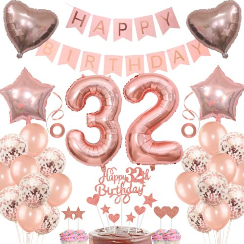 Deko 32. Geburtstag Tortendeko für Frauen - Rosegold Ballon Geschenk Set für 32 Jahre
