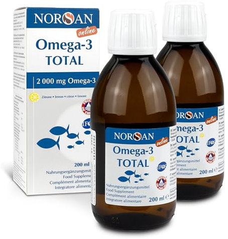 NORSAN Premium Omega 3 Fischöl Total Zitrone Online hochdosiert 2er Pack (2x 200 ml) / 2.000mg Omega 3 pro Portion/Omega 3 Öl mit EPA & DHA/Omega 3 Premium Öl mit 800 IE Vitamin D3
