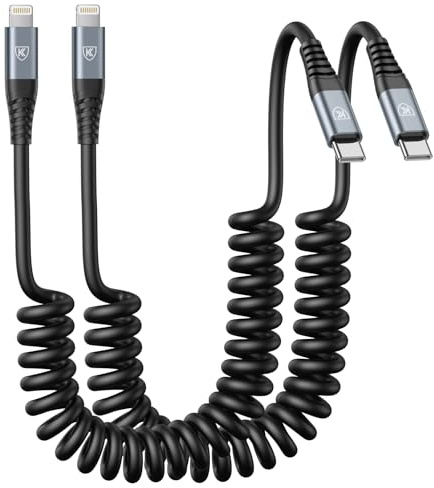 KIYODA Lot de 2 câbles USB de type C vers Lightning de 0,9 m, chargeur spiralé pour iPhone, charge rapide pour voiture, cordon court USB C Lightning pour iPhone 14/13/12/11 Pro Max/iPad/CarPlay