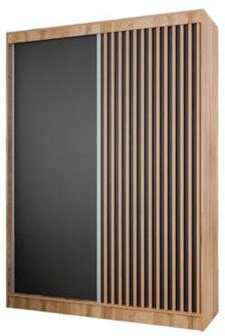 Margaret Hadas24 Kleiderschrank Lili mit Lamellen ohne Spiegel, Organizer, Mehrzweckschrank, Schwebetürenschrank, Garderobenschrank, Kleiderstange, Kleiderständer, Schrank, 150 cm, braun, schwarz,