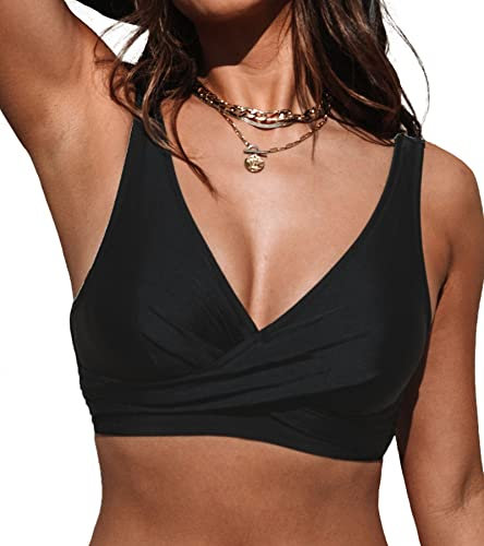 CUPSHE Women Swimsuit Bikini Top Wrap Self Tie Bathing Suit with Fixed Wide Straps Swimwear Top Black L