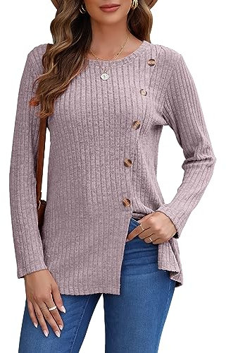 AUSELILY Femmes Pull Femmes Manches Longues Tops léger décontracté Automne Hiver Chaud Pull col Rond Chemise boutonnée côté(Rose pâle,M)