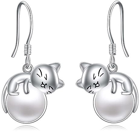 Vadmans Cat/Koala Earrings Rose Quartz Moonstone Pearl Sterling Silver Dangle Drop Stud Earrings Animals Jewellery Gifts for Women (03-cat pearl)