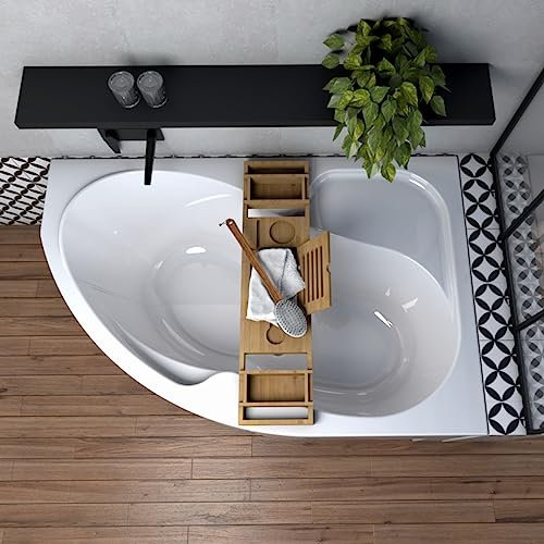 ECOLAM® Eckbadewanne WELA 160x100 cm RECHTS | Qualitätswanne Badewanne Acrylwanne Acryl Sanitäracryl + Bambusablage + Ablaufgarnitur Ab- und Überlauf Automatik Füße Silikon | rutschfest pflegeleicht
