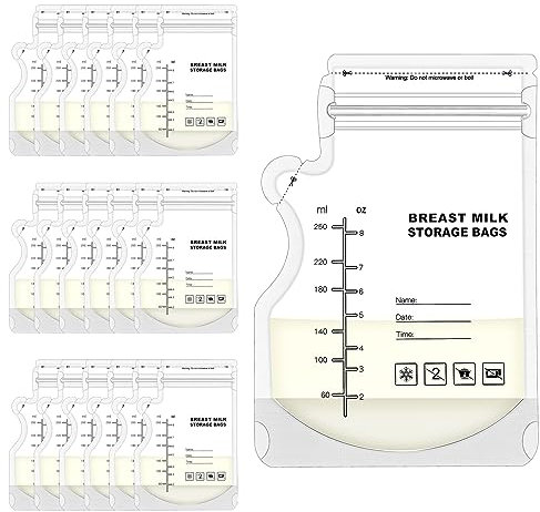 100 Pcs Breast Milk Storage Bags, 250ml Disposable Milk Storage Bags with Pour Spout for Breastfeeding No-Leak Milk Freezer Storage Pouches for Breast Milk Storage