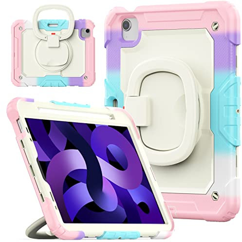 QANXGOG Funda para iPad Air 5.ª Generación 2022/iPad Air 4.ª Generación 2020/iPad 10.9 Pulgadas, Cubierta a Prueba de Golpes con Soporte de Mano Giratorio 360, Correa para el Hombro,Colourful Pink