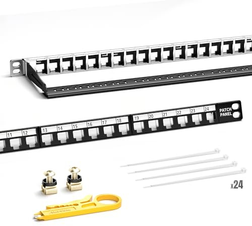 AMPCOM Panneau de brassage Keystone vierge à 24 ports – Demi-U (0,5U) 48,3 cm Montage en rack ou mural Panneau modulaire déchargé avec barre de gestion de câbles arrière en métal pour réseau UTP/STP
