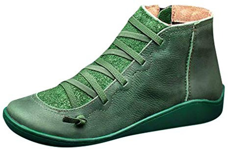 Generisch Scarpe Alte Inverno Donna Punta Rotonda Lace-up Lato Casual Scarpe Piatte In Pelle Donna Con Cerniera Stivali Stivali Retro Donna Bambino Mesi, Verde, 36 EU