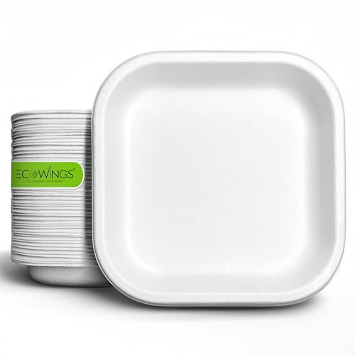 ECOWINGS 6 Inch Small Square Paper Plates, Made from Natural Bagasse - Microwave-Safe and Eco-Friendly Disposable Tableware - Perfect for Starters Or Desserts. (Pack of 50)