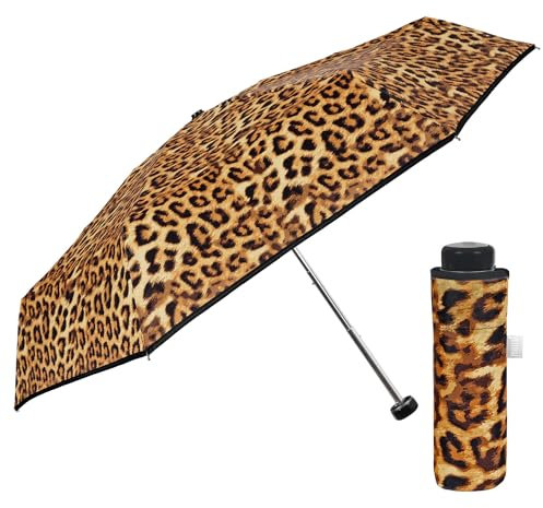 PERLETTI Paraguas Mujer Ultra Mini Fantasía de Lunares - Paraguas Portátil Redondo en Microfibra Manual - Paraguas con Puntitos Plegable Pequeño Antiviento - Diámetro 90 cm (Leopardo Claro)