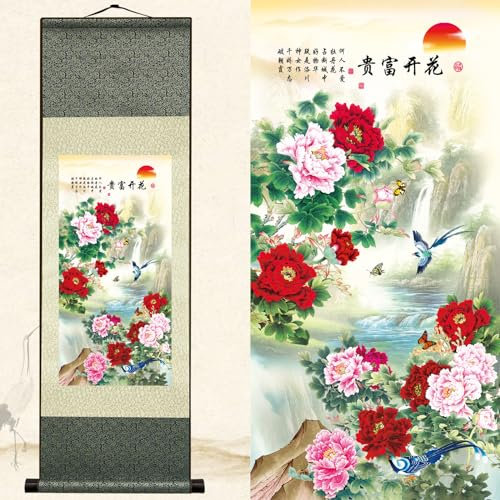 Newscz Asiatische Wandkunst für Schlafzimmer, Wandbilder, Seidenschnörkel-Landschaftsgemälde, wunderschöne Pfingstrose, Küche, Wanddekoration, Kunstwerk, Wandteppich, Poster, Leinwand für Wohnzimmer,