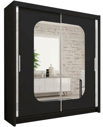 FURNITUREWAVE Alfa Sliding Door Wardrobe with Shelves & Hanging Rails White, Black, Grey & Oak Modern Furniture for Bedroom (120cm/150cm/180cm/203cm) (Black, 203cm)