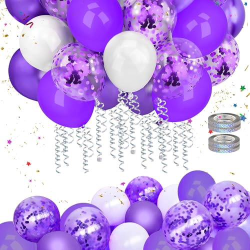 Mbsomnus 60 Pièces Ballon Anniversaire Violet Métallique, Blanc et Transparent Confetti avec Ruban pour Déco Nouvel An, Mariage, Disco, Shower, Fête