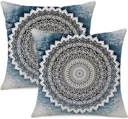 Ohok 2er Set Dekorativ Kissenbezug mit Motiv 45x45 cm, Polyester Leinen Zierkissenbezüge Modern Dekokissen Sofakissen Kissenhülle Set für Sofa Couch Wohnzimmer Schlafzimmer (Mandala B)