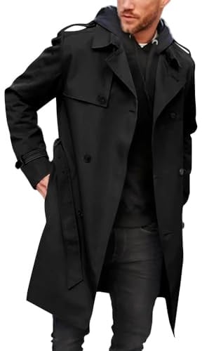 Runcati Men's Coat Double Breasted Trench Coat Long Lapel Business Jacket with Belt Black XXL