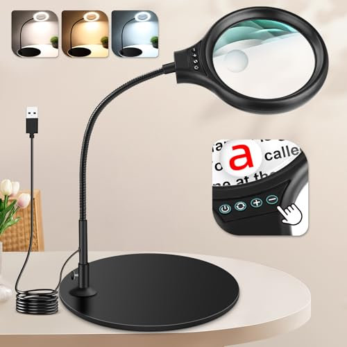 JUOIFIP Lupe 10 X 20 mit Licht und Ständer, Flexible Schwanenhals-Schreibtischlampe Lupe für Handwerksarbeiten Lesen Schließen Arbeit