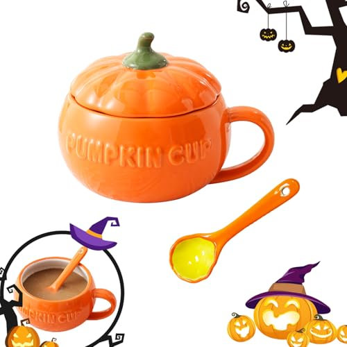 Halloween Kürbis Tasse, Keramik Pumpkin Mug Halloween Tasse 500ML, Pumpkin Tasse mit Deckel und Keramiklöffel, Thema Party Gastgeschenk Lustige Tassen, für Jungen, Mädchen, Männer, Frauen (M)