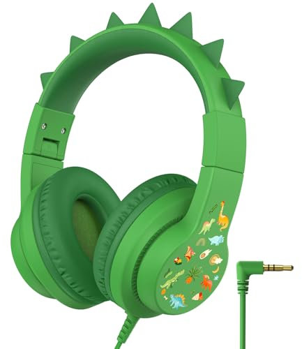 iClever HS19 Kinder kopfhörer über Ohr, HD Stereokopfhörer mit Mikrofon, Lautstärkenbegrenzer 85/94dB, Sharing-Funktion, Faltbarer Kopfhörer für Schule, Travel (Dinosaurier)