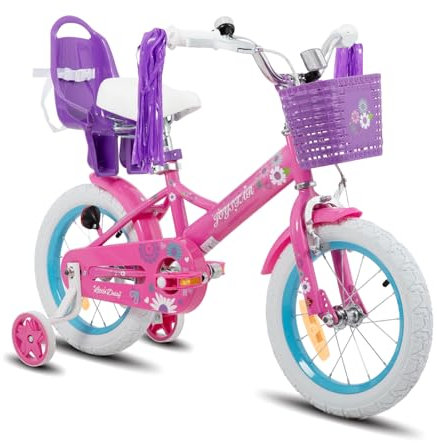 JOYSTAR Stitch Daisy 14 Zoll Kinder Fahrrad für 3-5 Jahre Mädchen. 14 Zoll Räder Mädchen Fahrrad mit Puppensitz & Bike Streamers & Stabilisatoren, lila