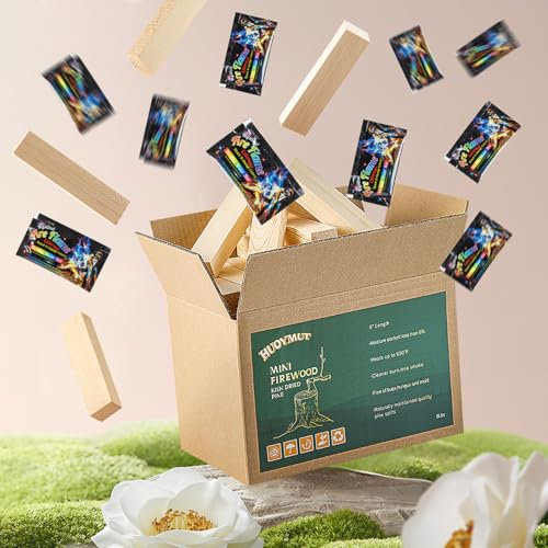 HuoYmut Ofengetrocknetes Mini-Kaminholz mit 10 Stück Feuerfarbwechsel-Paketen, 12,7 cm L, raucharmes, bellenfreies kleines Kiefernholz und fügt magische Feuer bunte Flammen hinzu, ideal für