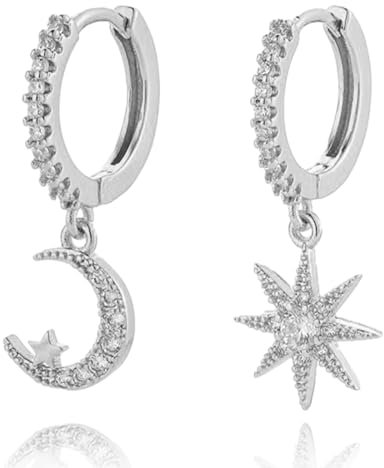925 Sterling Silber Creolen Ohrringe mit Anhänger, Asymmetrische Stern Mond Funkelnde CZ Tropfen Ohrringe für Damen, Hypoallergen Kleine Schlafen Knorpel Ohrringe Schmuck Geschenk