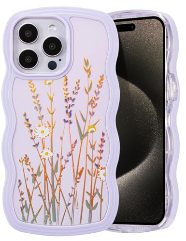 UEEBAI for iPhone 14 Pro Case, Floral Wave Frame Cute Curly Anti-slip Flower Case with Aesthetic Pattern, TPU Slim Bumper Shockproof Protective Cover for Women Girls - Lilac