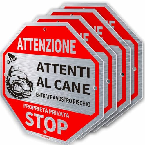 Ashoaza Attenti al Cane Cartello Alluminio, 4 Proprietà Privata cartelli, Attenzione al Cane Cartelli in Metallo Spazzolato, Area Videosorveglianza Cartello Divieto di Accesso (Cm 20x20)
