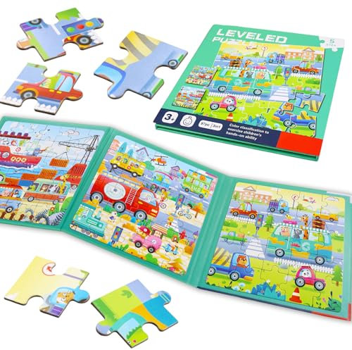Magnetpuzzle für Kinder, 3-in-1 Kinderpuzzle Mit 25-30-42 Teilen, Lernspielzeug Mit Verkehrsthema, Beschäftigung für Autofahrt und Flugzeug Ab 3 Jahre