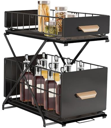 Rangement Sous évier à 2 Niveaux,Organiseur de Cuisine, Étagère sous Évier, Porte-épices,Panier de Rangement Coulissant en métal,pour Cuisine, Salle de Bain,Chambre-40*26*43 cm-noir (1 pièce)