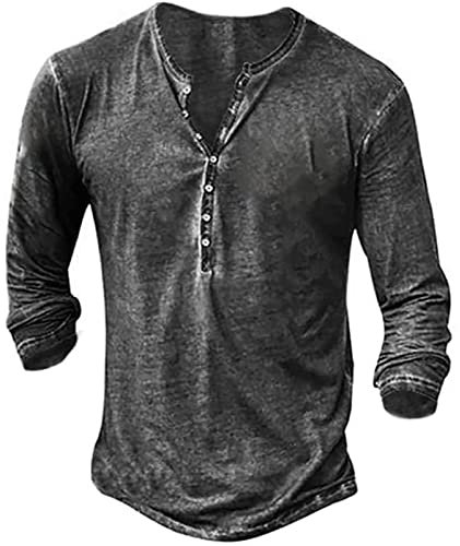 Rodawu Mens Polo Shirts Cotton Muscle Fit T Shirts Button Down Henley Shirts Golf Tops Long Sleeve Dark Grey T Shirt XL