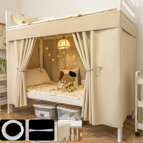 LUNCHS Verdunkelnde Bettvorhang Hochbett Mit Gleitschienen, Haken Und Bändern Vorhang Hochbett Schlafsaal Unisex(Curtain*1+Side,1.2M_BEIGE)