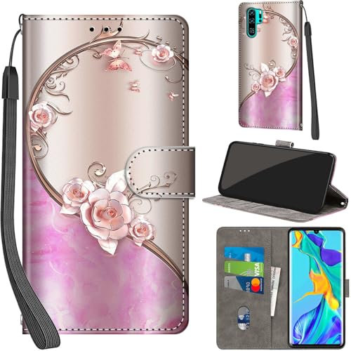 Handyhülle für Huawei P30 Pro Hüllen Premium Leder Case Klappbar Wallet Magnet Kartenfach Standfunktion Schutzhülle kompatibel mit Huawei P30 Pro Cover,Rose