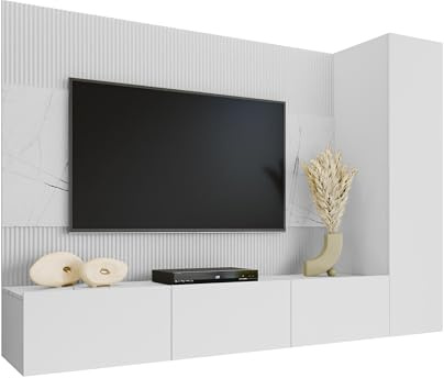 Mirjan24 Wohnwand Deromi VI, 3-teilig (Weiß + Weiß Marmor) | Hängewohnwand mit TV-Paneel, 5 Innenfächern, TV-Lowboard mit 3 Fächern und Push-to-open-Funktion