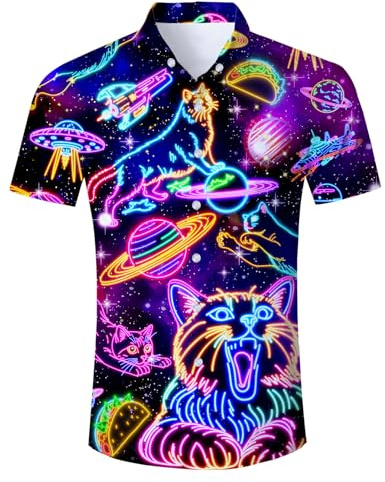 TUONROAD Mens Neon Cat Galaxy Print Shirt Funny Space Graphic Short Sleeve Top L