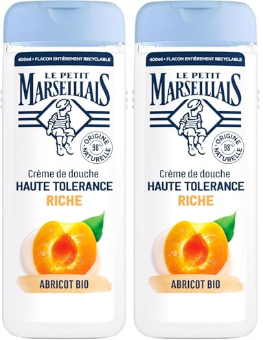 Le Petit Marseillais | Crème de Douche Haute Tolérance Riche Abricot Bio (flacon de 400 ml) – 98% d'ingrédients d'origine naturelle – Gel douche pour peaux sèches et sensibles (Lot de 2)