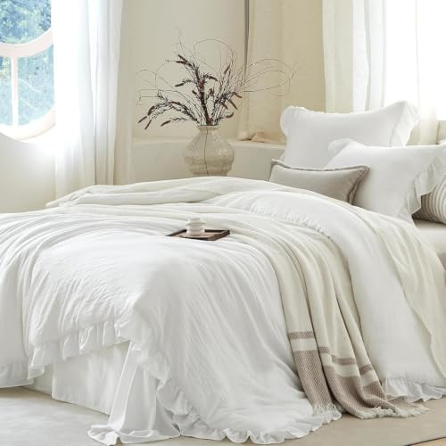 Freyamy Mädchen Bettwäsche 135x200 Weiß Unifarben Rüschen Bettwäsche Set | Aesthetic Bettwäsche Plisseefalten, 2 teilig Uni, Microfaser ÖKO-TEX Bettbezug mit Reißverschluss und 1 Kissenbezug 80x80cm