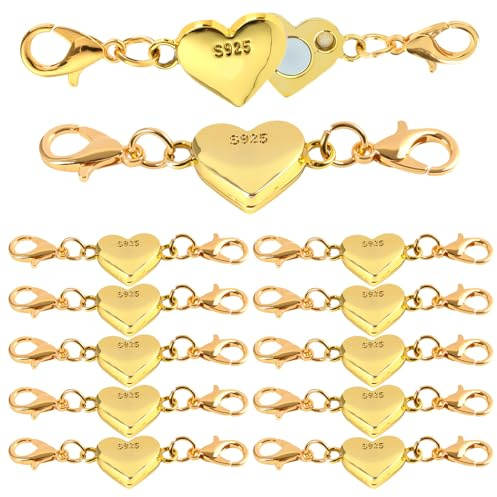 12 Stück Herz Magnetverschluss Kette 925 Sterling Gold Armband Verschluss Magnetverschluss für Ketten Halskette, Gold farbener Verbindungsverschluss für Schmuckherstellung