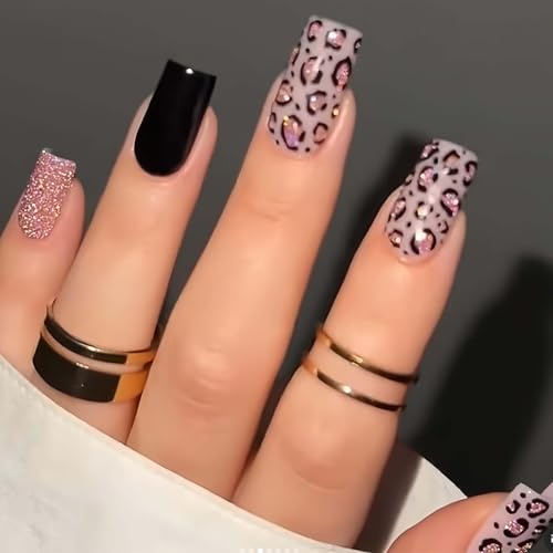 Fashion False Nails Set with Glitter & Leopard Print Design - French Tip Square Coffin Press On Nails for Women, Short Almond Shape with Adhesive Tabs for Easy Application