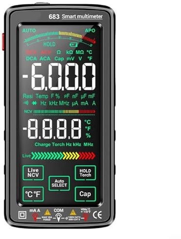 Vibsky Digitales Multimeter, Touchscreen, AC/DC-Messgerät, NCV, berührungsloser Spannungsdetektor, wiederaufladbar über USB, mit Silikon-Messleitungen (schwarz), 6000 Counts