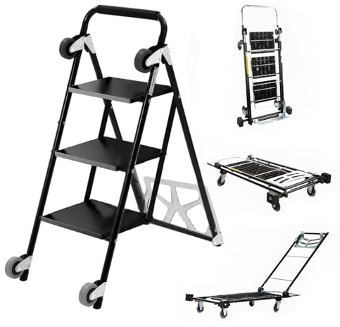 Jolliman 3 Step Ladder Foldable 4-in-1 Multi-Purpose Utility Cart Foldable Step Ladder, Hand Truck, Flatbed Trolley & Platform Truck with Wheels, 180kg Heavy Duty Steel Frame