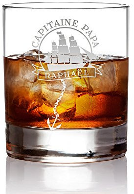 AMAVEL - Verre à Rhum - Gravure - Voilier avec Ancre - Capitaine Papa - Personnalisé avec [NOM] - Verre à Whisky Tumbler - Idée Cadeau - fête des pères - Noël - Anniversaire - Homme - Volume : 320 ML