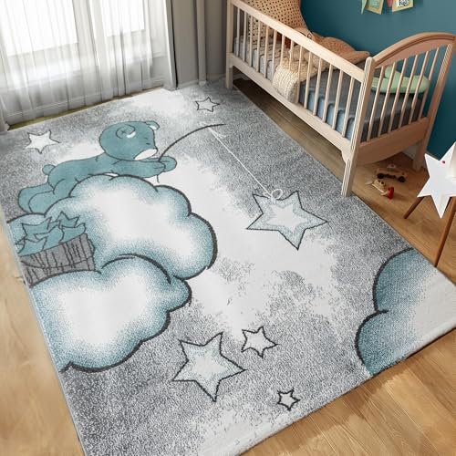 Carpettex Kinderteppich süße Bär Design Blau 160 x 230 cm - Kurzflor Teppich Kinderzimmer für Mädchen und Jungen Pflegeleicht Weich - Waschbarer Spielteppich Babyteppich Gaming Teppich Babyzimmer